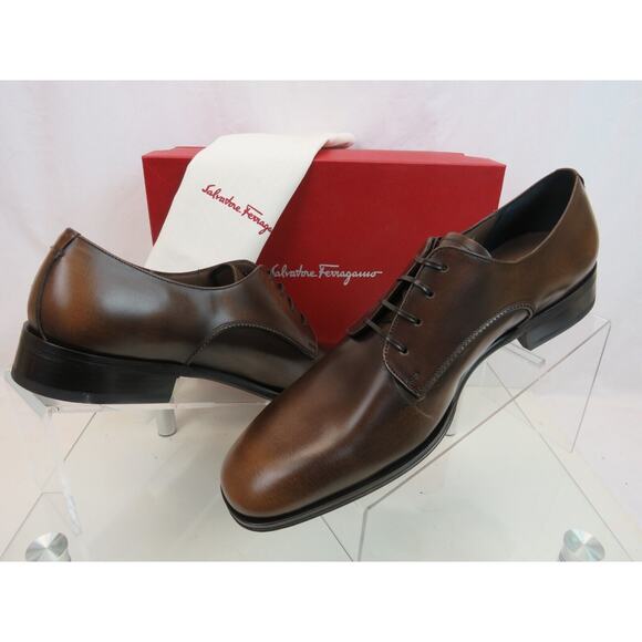 NIB FERRAGAMO DANIEL BURNISHED BROWN BROGUE LEATHER LACE UP DERBY OXFORDS 9.5 E main image 5